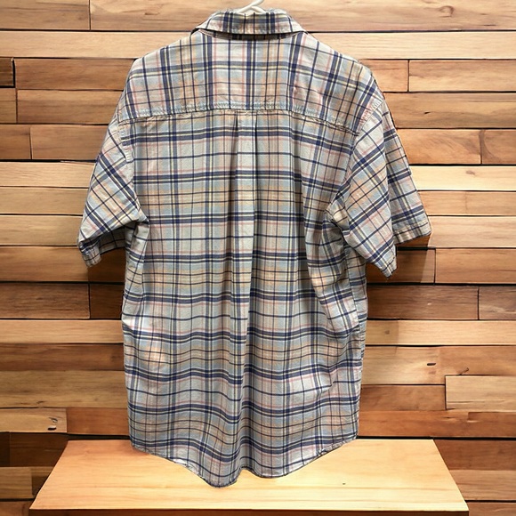 Cinch Cotton Short Sleeve Button Down Collar Shirt White Blue Peach Plaid Large - Picture 4 of 6